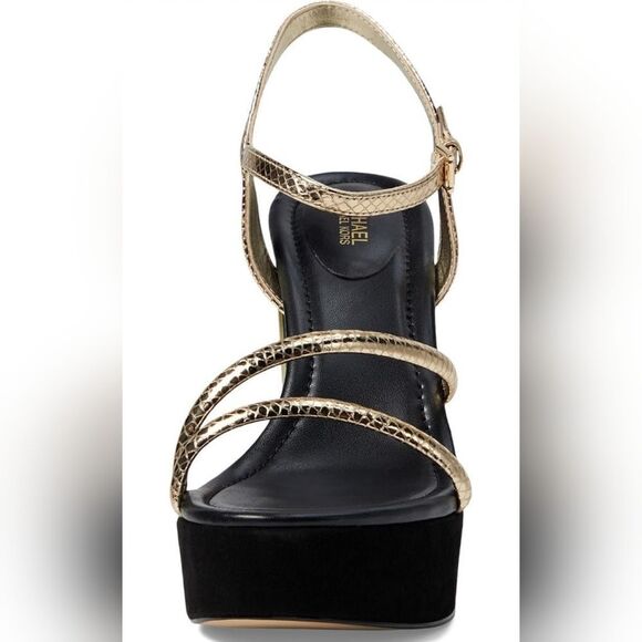 NEW 9 MICHAEL KORS LEATHER BLACK GOLD Porter STRAPPY PLATFORM HOLIDAY HEELS NWT - Picture 5 of 5